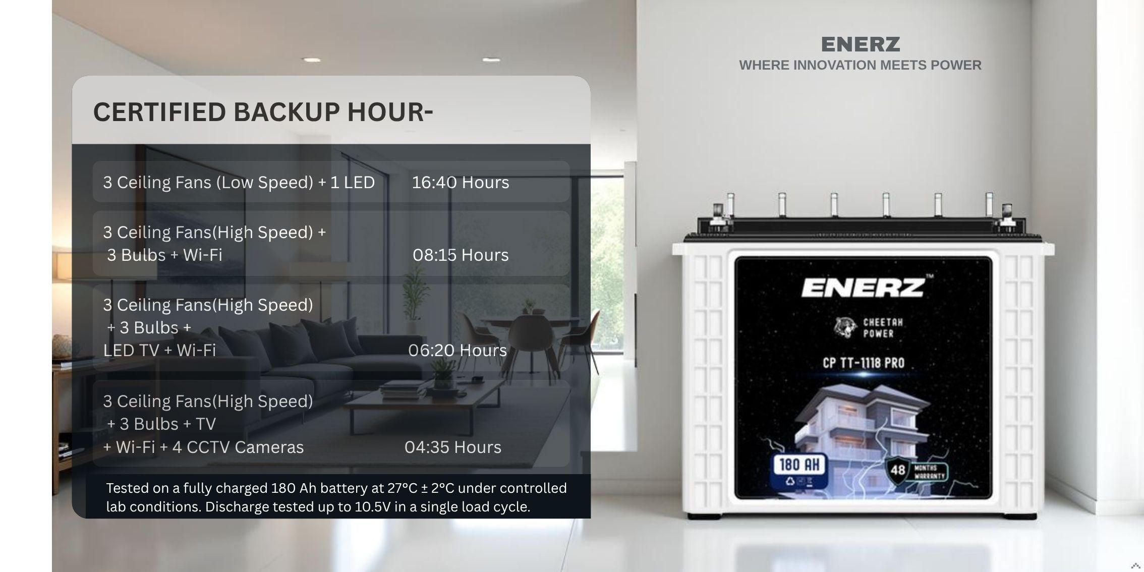 ENERZ 180Ah CP TT-1118 PRO Tall Tubular Inverter Battery – Long Life, Fast Charging, Built for Power Cuts (48-Month Warranty)