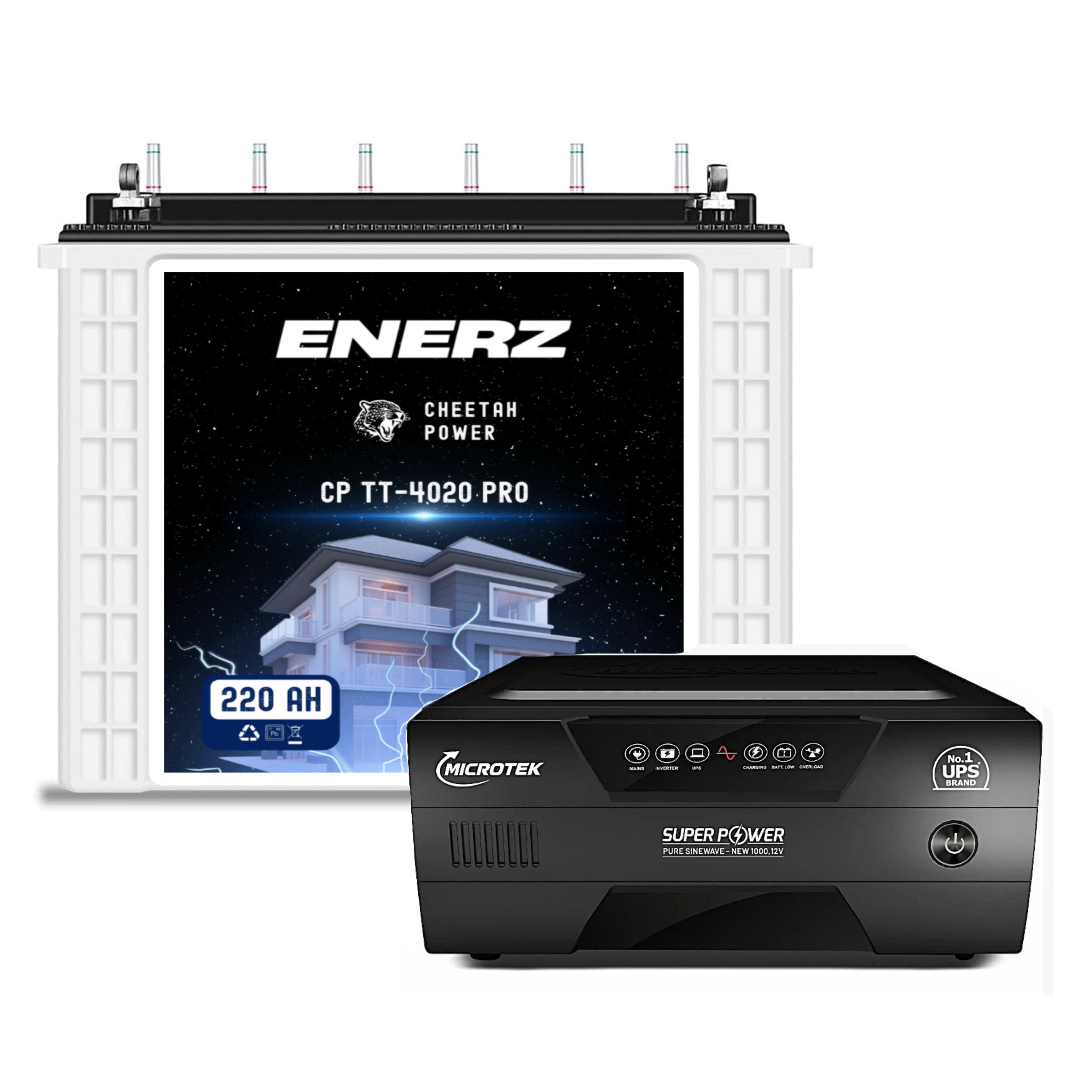 ENERZ 220Ah C20 CP TT-4020 PRO Tall Tubular Inverter Battery , Life-Span 7-9 Years – Long Life, Fast Charging, Built for Power Cuts (48-Month Warranty) with Microtek 1100 3 Year Warranty 12V Pure Sine Wave Inverter 950VA