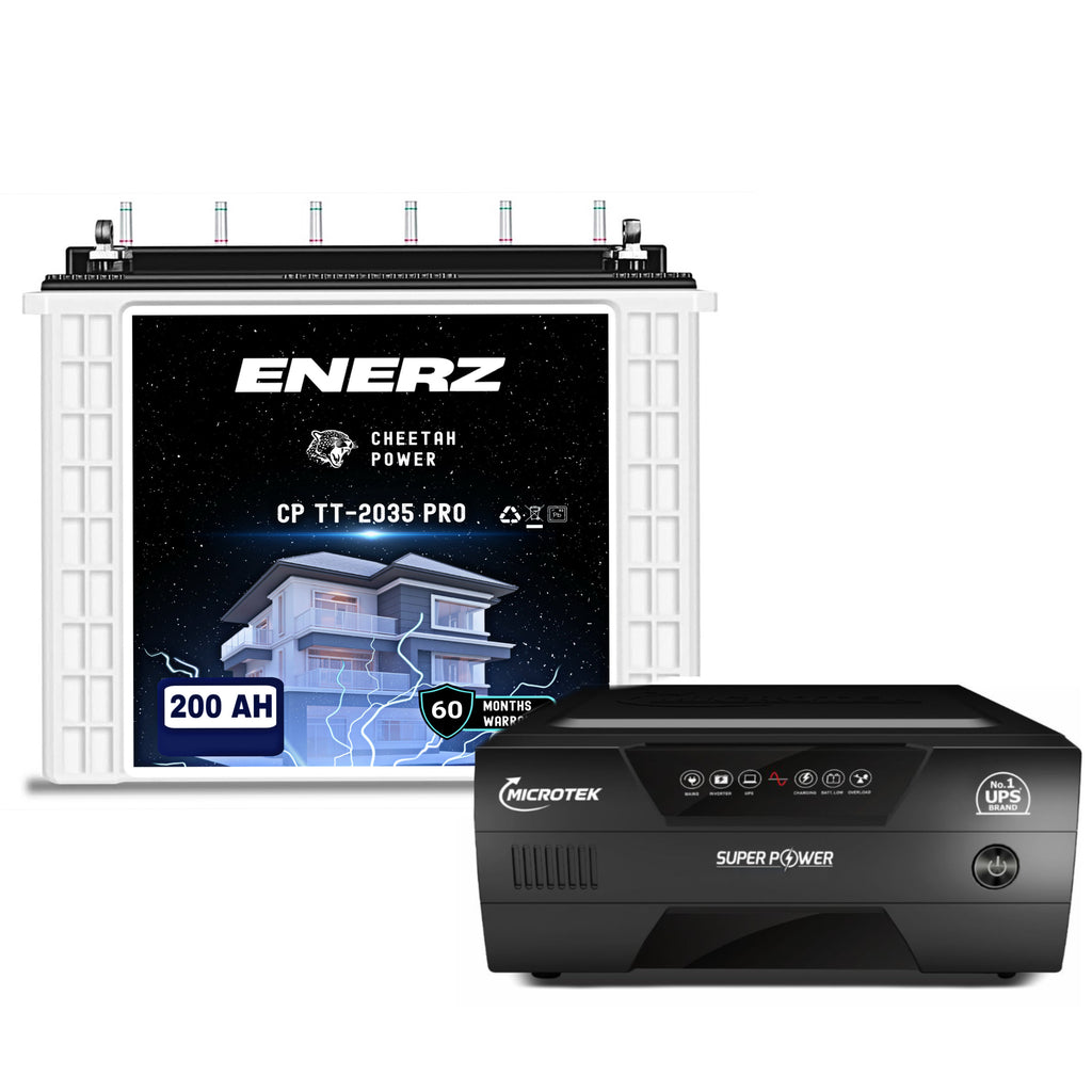 ENERZ 200 AH | CP TT-2035 PRO | 12V 5-Years Warranty, Life-Span 7-9 Years  Tall Tubular battery with Microtek 900 12V | Pure Sine Wave 800VA | 3-Year Warranty Inverter, Reliable Power for Home & Office