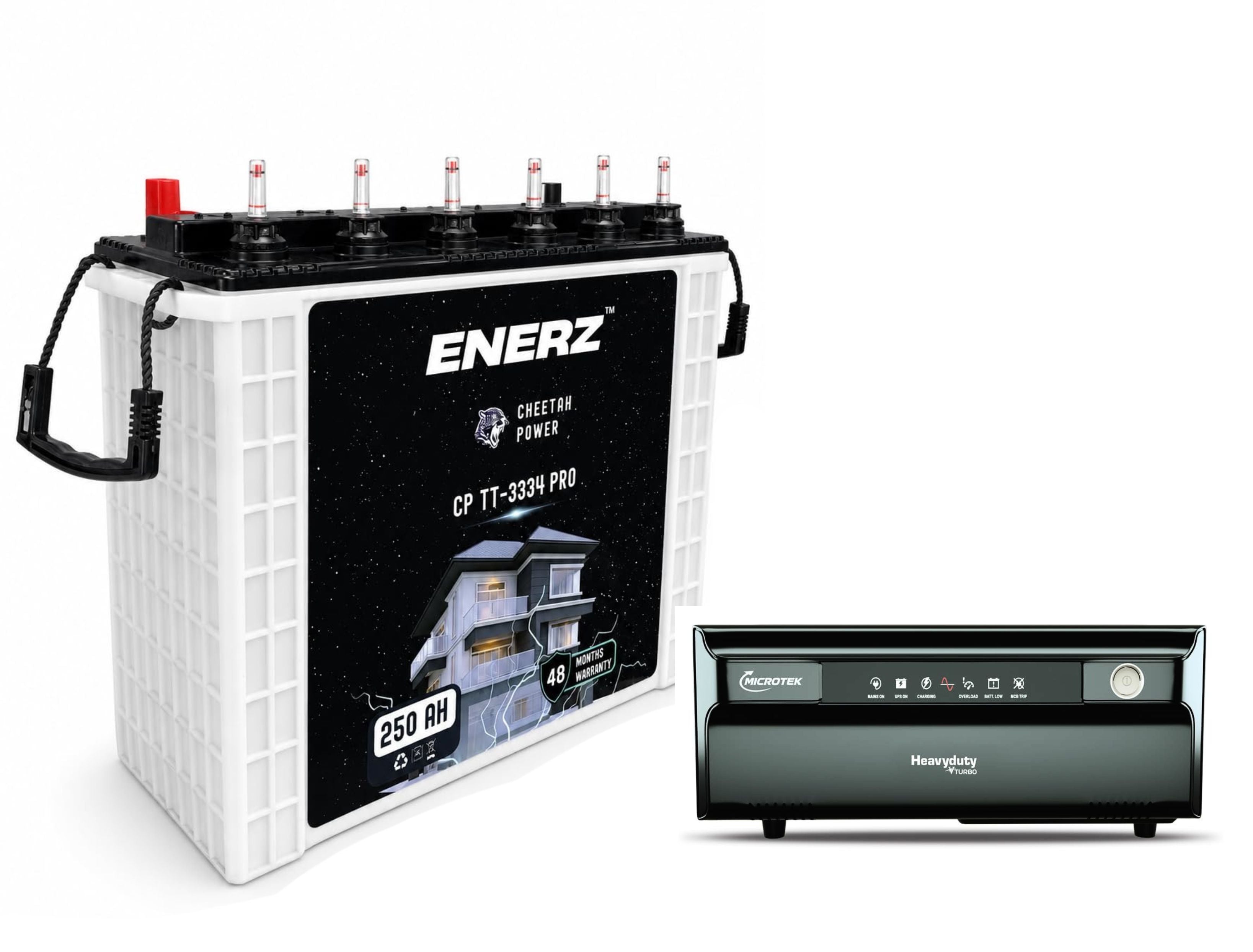 ENERZ 250 AH CP TT-3334 PRO Tall Tubular Battery, Life-Span 7-9 Years, Warranty 48 Months with Microtek Heavy Duty vTURBO NEW 1400 | 1150VA/925W UPS| 3 years warranty (12V) | Pure Sine Wave Inverter