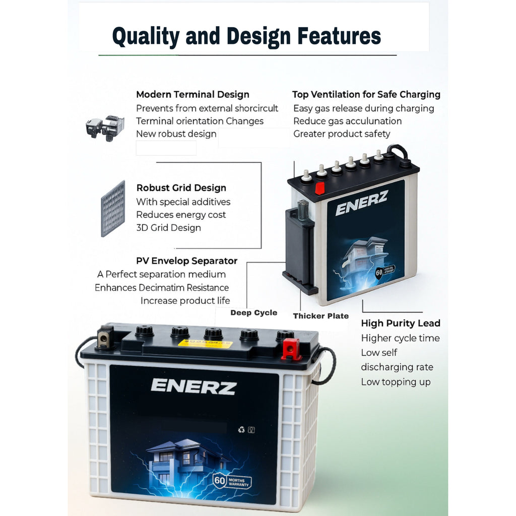 ENERZ CP TT-2035 PRO 12V 200Ah Tall Tubular Inverter Battery 23+ Hour Backup, 5-Year Warranty, Reliable Power for Home & Office